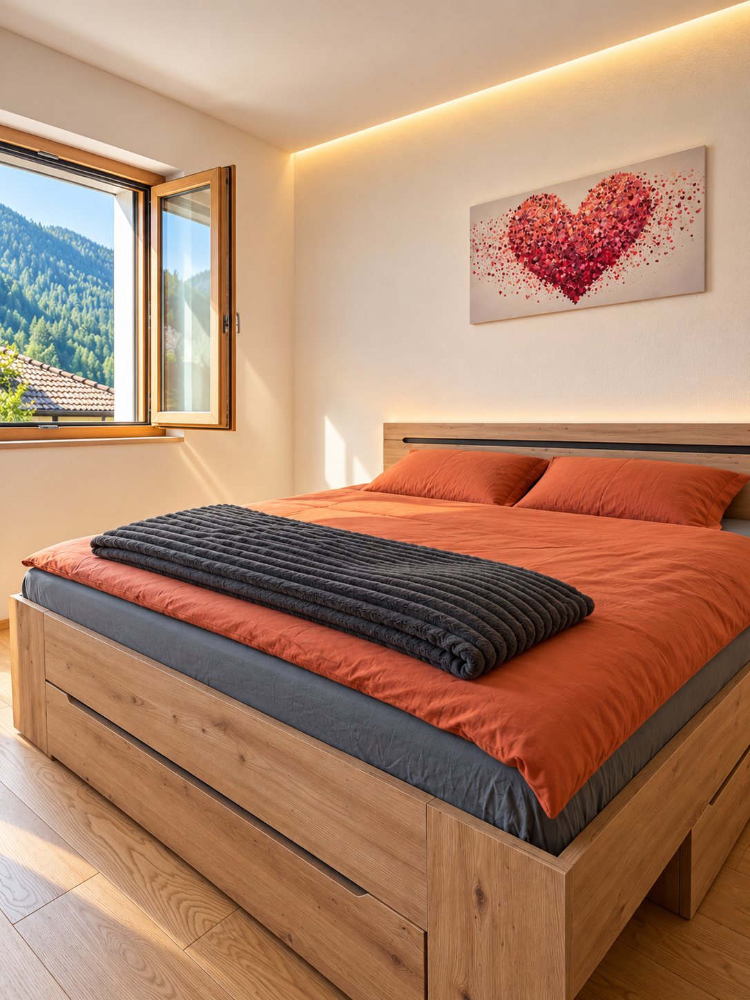 Camera matrimoniale con il quadro del cuore e la finestra sul bosco