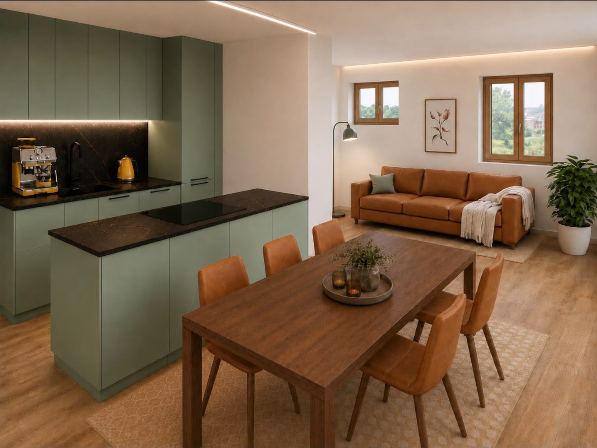 Cucina di design verde salvia e zona pranzo dell'Apartment Deluxe, con divano e luce naturale