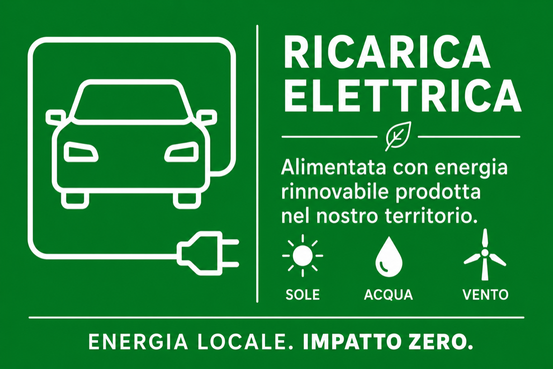 Ricarica elettrica · alimentata con energia rinnovabile locale — sole, acqua, vento · energia locale, impatto zero
